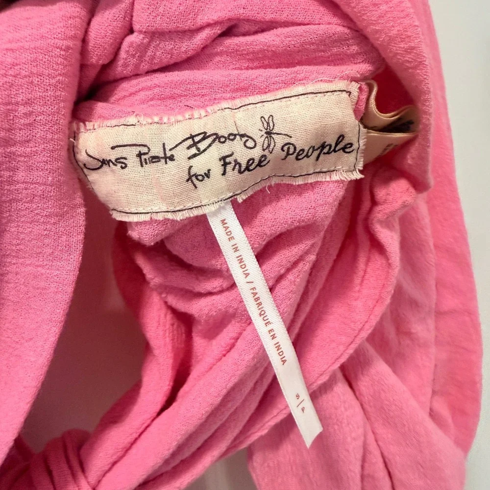 Free People Jens Pirate Booty Pink Puff Sleeve Crop Top Square Neck Smocked S
